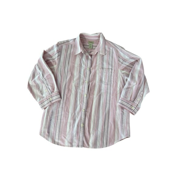 LL Bean Women XL Stripe 3/4 Cotton Retro Utility Pink Outdoor Blouse Preppy - Picture 1 of 4